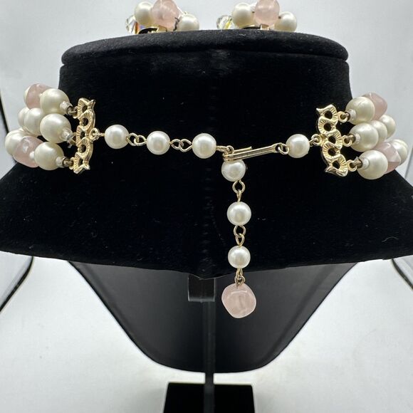Vintage Necklace Earrings Set Pink Crystal Faux Pearls Three 3 Strands Clip One - Picture 6 of 15